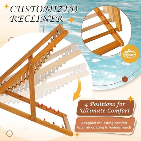 Flamaker 3-Piece Acacia Wood Patio Set, Chaise Lounge Chairs for 2 and Side Coffee Table, Adjustable and Foldable, for Pool, Beach, Backyard, No Assembly Flamaker
