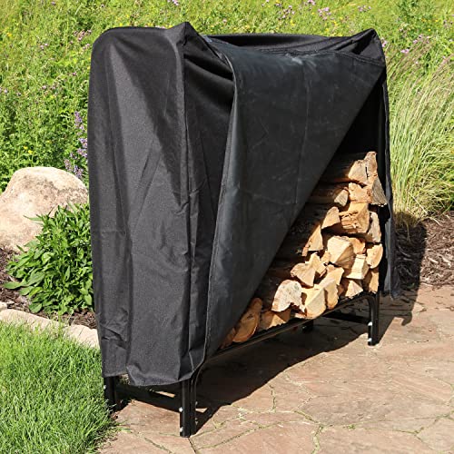 Sunnydaze Outdoor Firewood Log Rack and Cover Combo Set - Black Powder-Coated Steel and PVC - Black Fabric - 4-Foot Sunnydaze