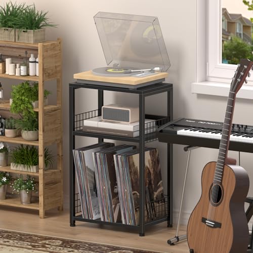 LELELINKY Side Table with Storage, Black Night Stand for Small Spaces, 3 Tier Industrial Wooden Record Player Holder with Vinyl Storage Shelf, End Tables Printer Stand for Bedroom LELELINKY