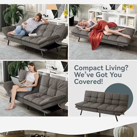 AMICLIBER Futon Sofa Bed Convertible Couch, Grey Linen Sofa Bed with Memory Foam, Adjustable Backrest & Armrests, Multifunctional Small Loveseat Sleeper Sofa for Living Room, Apartment, Office AMICLIBER