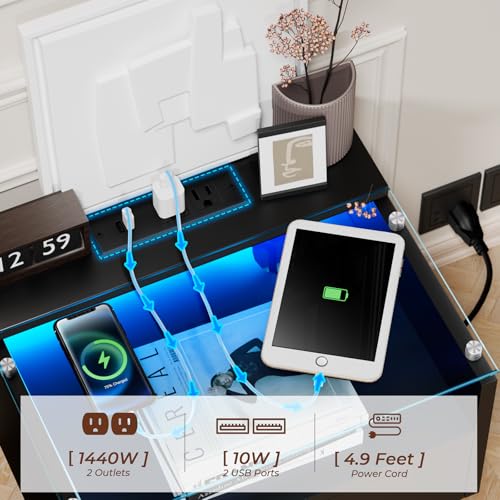 Black Floating Nightstand Set of 2 with Charging Station, 18.9" Extended Bedside End Table with Drawer and LED, Modern Wall Mounted Night Stand Side Table with Open Shelf for Bedroom MULEJYBO