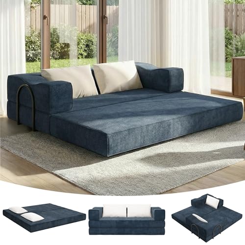 MAKIAAP 80" Foldable Chenille Futon Sofa Bed, 4-in-1 Convertible Couch with 2 Pillows, King-Size Floor Lounger for Living Room, Guest Room, Dorm - No Assembly (Blue, 80in) MAKIAAP