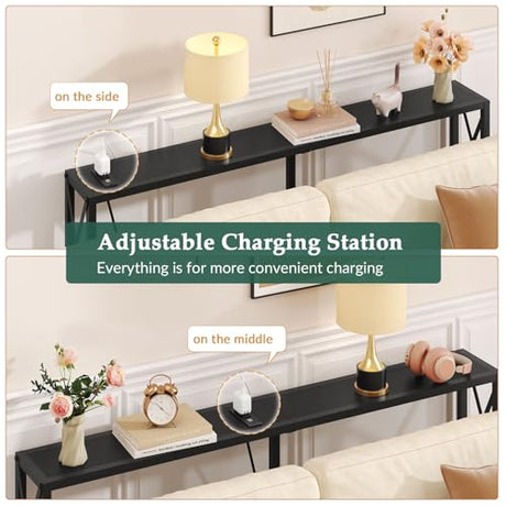 Gewudraw 55.1" Narrow Sofa Table, Console Table with Oulets & USB Ports, Entryway Table, Industrial Couch Table for Hallway, Living Room, Bedroom, 6.5 Feet Power Cord,Black Gewudraw
