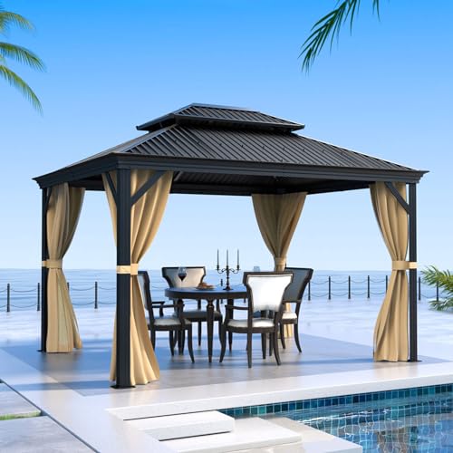 10'X12' Hardtop Gazebo - Galvanized Steel Gazebo Double Roof Canopy Outdoor Aluminum Frame Permanent Metal Pavilion with Netting and Curtains for Patios, Gardens, Deck - Black