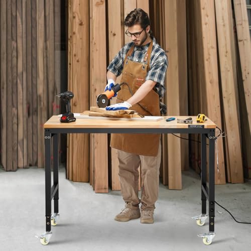 VEVOR Adjustable Workbench, 48-Inch Work Bench with Power Outlet, Wheels, and Pegboard, 2000 lbs Load Heavy Duty Oak Wood Top Work Table for Garage, Workshop, Office, and Home VEVOR