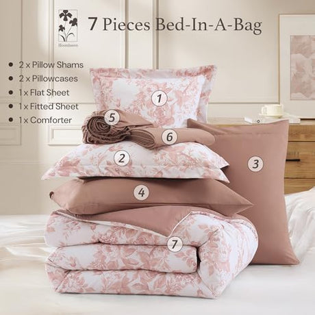 BLOOMHAVEN Full Comforter Set -7 Pieces Pink Floral Comforter Set for All Seasons, Bed in a Bag Full with Botanical Flowers Comforter, Sheets, Pillowcases & Shams BLOOMHAVEN