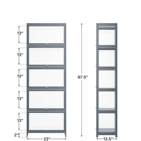 BRIGHTORIA 5-Tier Clear Display Cabinet with Flip Acrylic Doors, Collectibles Toy Books Showcase Organizers Storage Rack, 68" Tall Bamboo Standing Display Case for Playroom Bedroom, Grey BRIGHTORIA