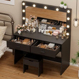 YESHOMY Makeup Vanity Desk with Large Lighted Mirror，35.4 Inch Makeup Vanity Table with 2 Drawers，Soft-Padded Storage Stool，3 Lighting Modes Available, Suitable for Bedrooms（Black） YESHOMY