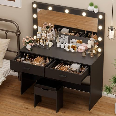YESHOMY Makeup Vanity Desk with Large Lighted Mirror，35.4 Inch Makeup Vanity Table with 2 Drawers，Soft-Padded Storage Stool，3 Lighting Modes Available, Suitable for Bedrooms（Black） YESHOMY