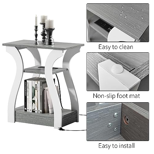 FROMJBEST End Tables Living Room, Grey End Table with Charging Station, Grey Side Table, Nightstand for Bedroom, 3 Tier End Table with Storage Shelf for Living Room FROMJBEST
