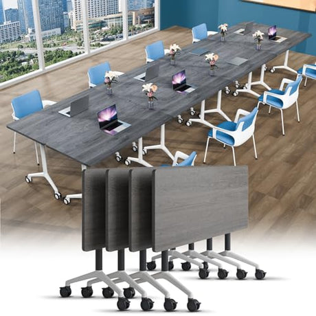 Conference Table, Folding Conference Room Tables with Silent Wheels, Foldable Modular Training Table, Modern Rectangle Seminar Meeting Tables for Office, Boardroom (4, Grey, 55.1) JNMDLAKO