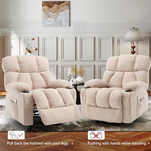 Massage Rocking Recliner Chair, Ergonomic Recliners Sofa with Vibration Massage & Heat, Rocking Chair Nursery Chair for Living Room Lounge with 4 Pockets, 2 Cup Holdersrt, Beige