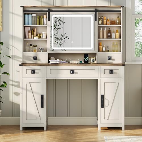 Farmhouse Makeup Vanity Desk with Sliding Mirror and Lights, 47.2" Big Vanity Table with Charging Station, Makeup Desk with 5 Drawers & 2 Cabinets, White MSmask