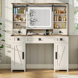 Farmhouse Makeup Vanity Desk with Sliding Mirror and Lights, 47.2" Big Vanity Table with Charging Station, Makeup Desk with 5 Drawers & 2 Cabinets, White MSmask