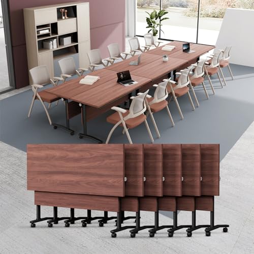 6PCS Modular Conference Table, Folding Conference Room Tables for Office, Mobile Large Foldable Seminar Training Meeting Tables with Wheels for Classroom, Office Computer Desk Walnut (L55.1in) IEDZBEQ