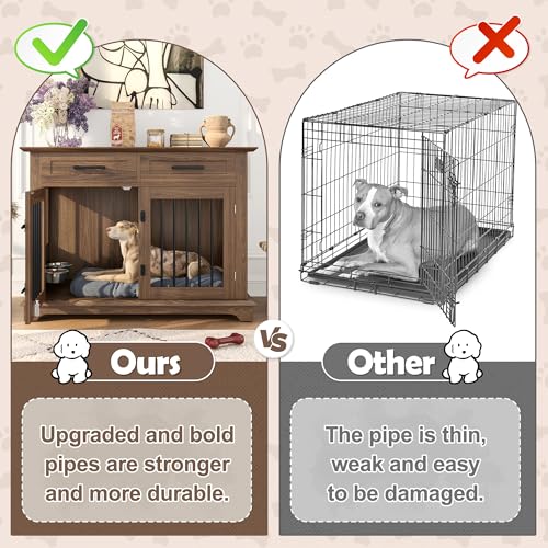 Merax 44.48" Large Dog Crate Furniture with Rotating Dog Bowls, Wooden Dog Kennel Furniture as End Table with 2 Storage Drawers, Decorative Pet Cage Indoor Dog House for Medium Dogs, Brown Merax