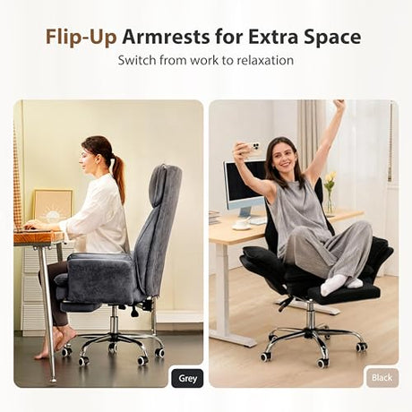 Big and Tall Office Chair, Flip Armrests for Pets & Cross Legged Sitting, Executive Ergonomic Computer Gaming Chair with Foot Rest, Crystal Velvet Wide Seat Reclining Desk Chair HOMRELEXA