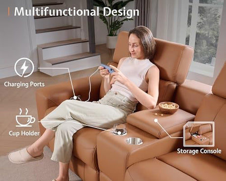 AMERLIFE Power Recliner Sectional Sofa with Storage/USB Port, Leather Recliner Sofa with Adjustable Headrest, Reclining Sectional Couches with Console and Cup Holder for Living Room (Brown, 5-Seater) AMERLIFE