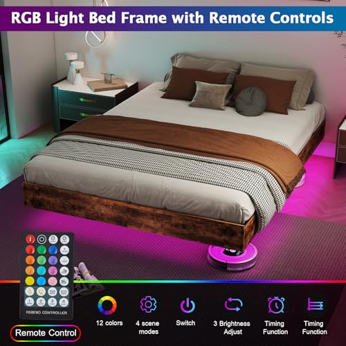 Floating Bed Frame Queen with LED Lights, Metal Platform Queen size Floating Bed Frame with Under Bed Storage, Heavy Duty Steel Slats Support, No Box Spring Needed, Noise Free, Easy Assembly, Brown RVONOW