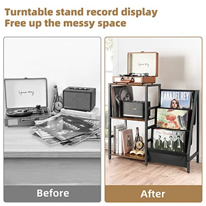 Bikoney Record Player Stand, Turntable Stand with 3-Tier Vinyl Record Storage, Record Player Table Up to 200 Albums, End Table for Vinyl Records, Vinyl Record Holder for Living Room