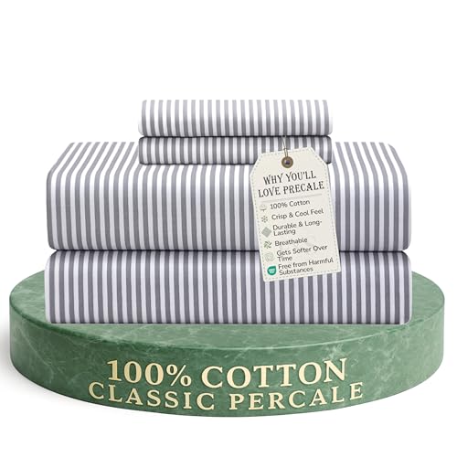 Feather & Stitch Softest 100% Cotton Sheets, 300 Thread Count Percale Weave Bedding, 16" Deep Pocket, Cooling Sheets, Breathable Bed Set, Hotel Premium Quality (Queen, Grey Stripe) FEATHER & STITCH NEW YORK