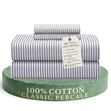 Feather & Stitch Softest 100% Cotton Sheets, 300 Thread Count Percale Weave Bedding, 16" Deep Pocket, Cooling Sheets, Breathable Bed Set, Hotel Premium Quality (Queen, Grey Stripe) FEATHER & STITCH NEW YORK