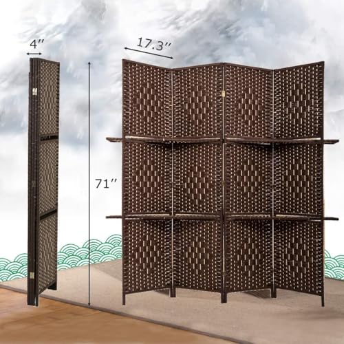 FDW Room Divider 4 Panel Room Screen Divider Wooden Screen Folding Portable Partition Screens Wood with Removable Storage Shelves Color,Brown FDW