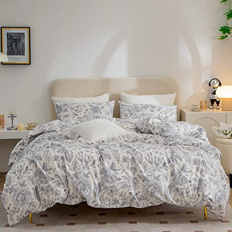 ERZRGA Duvet Cover King Flower, 100% Cotton Bedding Sets Floral 3 Pieces Vintage Chic Style Floral Duvet Covers, 1 Duvet Cover and 2 Pillowcases with Zipper Closure & Corner 4 Ties ERZRGA