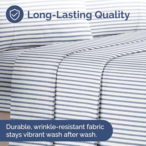 Twin Size Flat Sheet - Hotel Quality Top Flat Bed Sheet Only - Ultra-Soft, Comfy, Breathable & Cooling - Fade & Wrinkle Free - Easy-Care, Stain and Shrink Resistant Bedding - Oeko-Tex - Blue Stripes CGK Unlimited