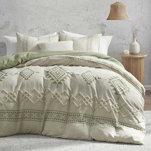 Oli Anderson Boho Duvet Cover Set Queen Size, Beige and Sage Green Color Clash 3 Pieces Microfiber Bedding Set, Durable and Super Soft Duvet Covers with Zipper and Ties, 90"*90" Oli Anderson
