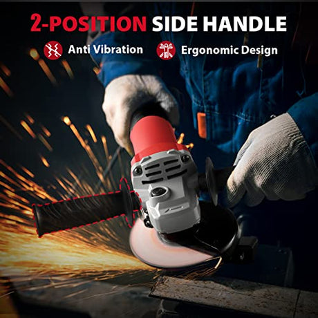 DCK Angle Grinder, 9.2Amp 4-1/2-Inch Corded Angle Grinder, 11,800 RPM with 2 Safety Guards, 6 Piece Discs (2 Cutting/ 2 Grinding/ 2 Flap Discs), Professional Angle Grinder for Metal, Wood (KSM17-115B） DCK