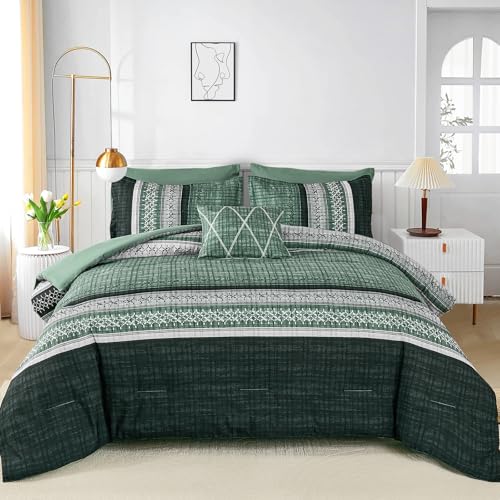 Dintszyayue Green Comforter Set Queen Size, 8 Pieces Boho Striped Bed in a Bag Soft Microfiber Bedding Set for All Season Dintszyayue