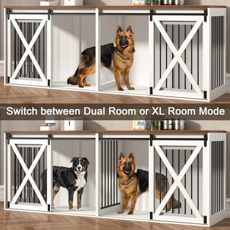 Nordee Axio 94.5" XXXL Dog Crate Furniture for 2 Large Dogs, Heavy Duty Double Dog Cage Extra Large Breed, 35.4" Tall Thick Wooden Dog Kennel TV Stand with Divider, White Nordee Axio