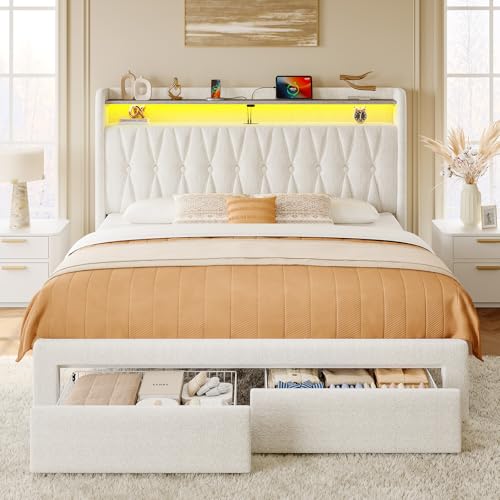 Rolanstar Full Bed Frame with Drawers, Storage Headboard with Charging Station and LED Lights, Upholstered Bed with Heavy Duty Wood Slats, No Box Spring Needed, Noise Free, Easy Assembly, Beige Rolanstar