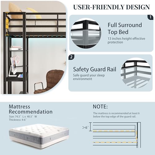 SUNLEI Loft Bed Twin Size with Desk and Safety Guard Rail, Twin Size Metal Bed Frame with Double Layer Shelves for Storage, No Box Spring Needed and 2 Security Ladders, Black