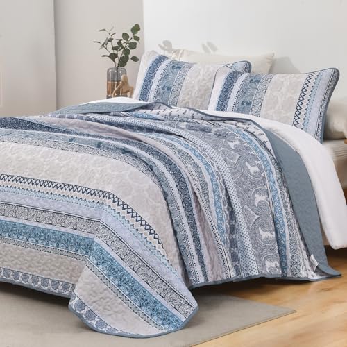WONGS BEDDING Boho Quilt Set King Size, Blue Bohemian 3 Pieces Quilt Sets, Lightweight Bedspread Coverlet Bedding Set for All Season (104"x90") WONGS BEDDING