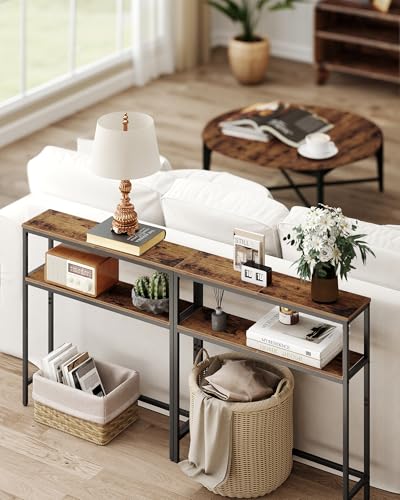 VASAGLE Console Table, 2-Tier Narrow Sofa Table with 2 Shelves, 7.9 x 31.5 x 31.5 Inches, for Living Room, Hallway, Entryway, Rustic Brown and Ink Black ULNT130K01V1 VASAGLE