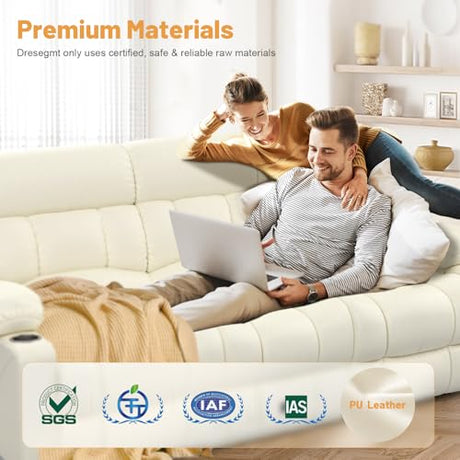 Dresegmt Loveseat Recliner Sofa, Flip Middle Backrest Design PU Leather 3 Seat Reclining Sofa with Storage Drawer, Manual Couch for Living Room (Ivory White, PU) Dresegmt