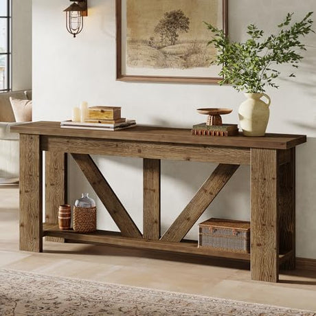 TRIBEWOOD Solid Wood Sofa Table, 70.9 Inches Extra Long Console Table with 2 Tiers Storage Shelves, Rustic Entryway Table Behind Couch Table for Living Room, Hallway, Foyer, Brown TRIBEWOOD