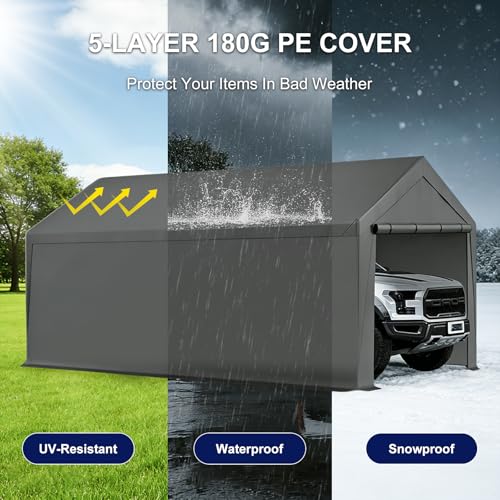 Carport, 10x20ft Heavy Duty Car Port, Portable Garage with Removable Sidewalls & Doors, Carports Canopy Car Shelter with Waterproof Tarp for Car Boat Truck Party (Grey, 10x20 with sidewalls) TANGJEAMER