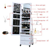 Jewelry Cabinet Standing Mirror with Drawers Wheels Full Length Mirror Jewelry Storage with Touch Screen Vanity Mirror Rotatable Jewelry Armoire Organizer with Lock White Christmas Gift for Women MASMIRE