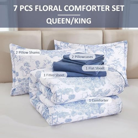 DJY Blue Comforter Set Queen, 7 Pieces Bed in a Bag Queen Size Botanical Comforters with Sheets Elegant Plants Print Soft Microfiber Reversible Complete Bedding Sets for All Season DJY