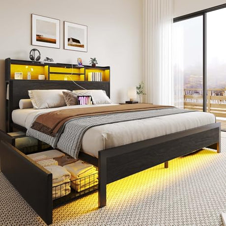 Rolanstar Queen Bed Frame with Storage Headboard & 4 Drawers, Metal Platform Bed with Charging Station, LED Single Bed with Side Shelf, No Box Spring Needed, Easy Assembly, Black Rolanstar