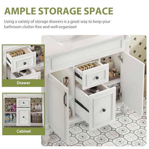 Sweetcrispy 36" Bathroom Vanity with Sink, Bathroom Storage Vanity Sink with 2 Doors& 2 Drawers, Farmhouse Wooden Free Standing Bathroom Cabinet with Sink, Easy Assembly, NO Mirror Faucet (White) Sweetcrispy