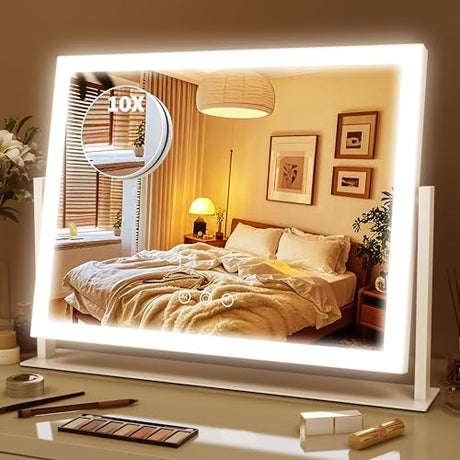 ROLOVE Lighted Makeup Mirror 16.3"x12.6", Hollywood Vanity Mirror with 10X Magnifier, 3 Color LED Lighting Modes, Smart Touch Control & 360° Rotation, Tabletop Makeup Mirror (White, Gift Ready) ROLOVE