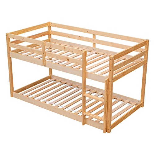 Lostcat Twin Over Twin Solid Wood Bunk Bed Frame with Ladder and Full-Length Guardrail - Easy Assembly in Natural Finish - WoodArtSupply