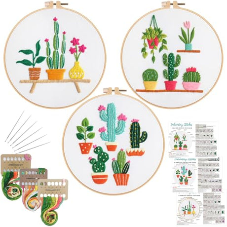 Louise Maelys 3 Sets Cactus Embroidery Kits for Beginners,Cross Stitch Kit for Adults,Crewel Starters Needlepoint with Plants Pattern, Hoop and Instruction Louise Maelys