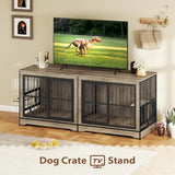 Rovibek 78 Double Dog Crate Furniture for 2 Large Dogs Indoor, Wooden Furniture Dog Crates with Dog Bowl, Dog Kennel Furniture TV Stand Large Breed Grey Rovibek