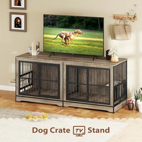 Rovibek 78 Double Dog Crate Furniture for 2 Large Dogs Indoor, Wooden Furniture Dog Crates with Dog Bowl, Dog Kennel Furniture TV Stand Large Breed Grey Rovibek