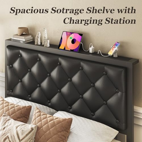 Fluest Twin Bed Frame with Storage Drawer, Upholstered Headboard Button Tufted Bed Frame with Charging Station, No Box Spring Needed, Noise-Free, All Metal Structure, Black Fluest